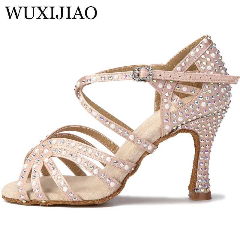 Latin dance shoes ladies new silk satin shiny rhinestone Cuban high heels 10 cm salsa dance shoes