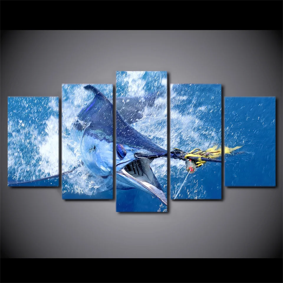 No Framed Canvas 5Pcs Jumping Marlin Tuna Fish Wall Art Posters Prints Pictures Paintings Home Decor Decorations