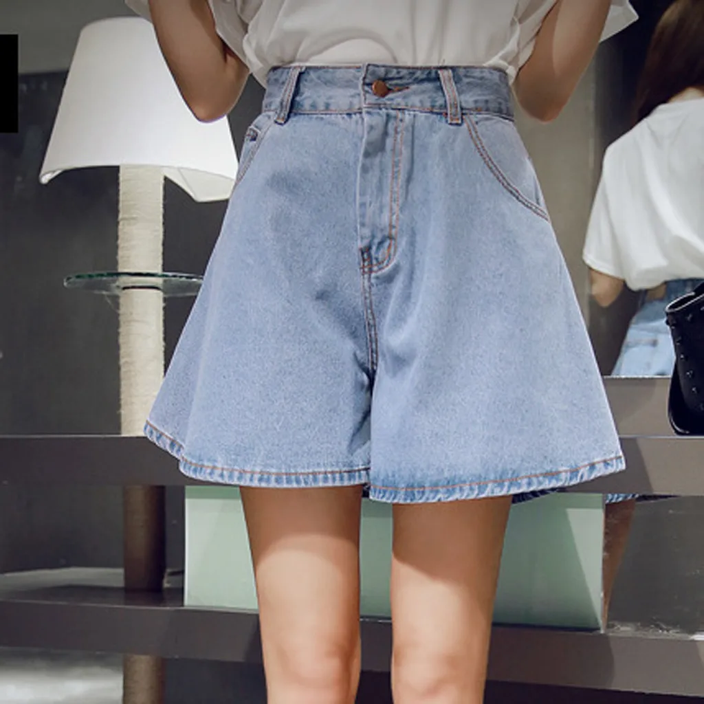 Short en jean bleu pour femmes, classique, Vintage, taille haute, jambes larges, dames