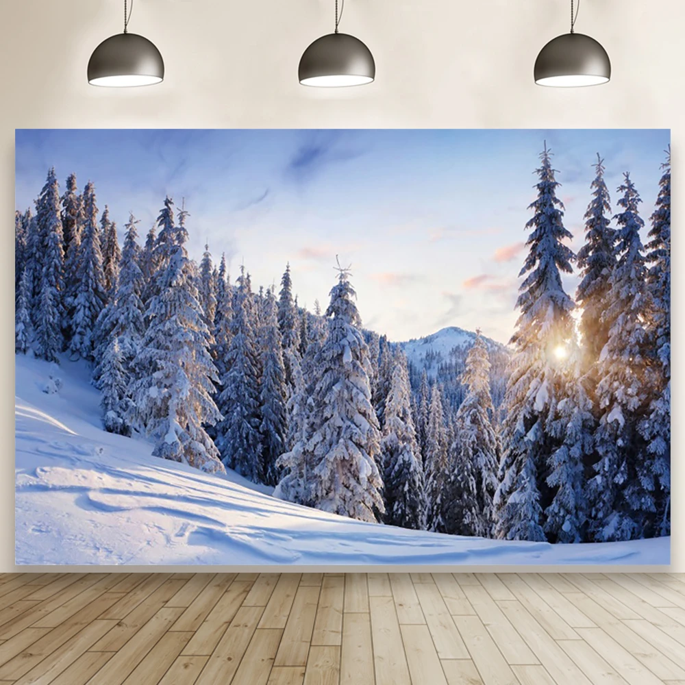 Laeacco inverno floresta árvore de natal montanha paisagem retrato sala decoração pano de fundo foto fotográfica