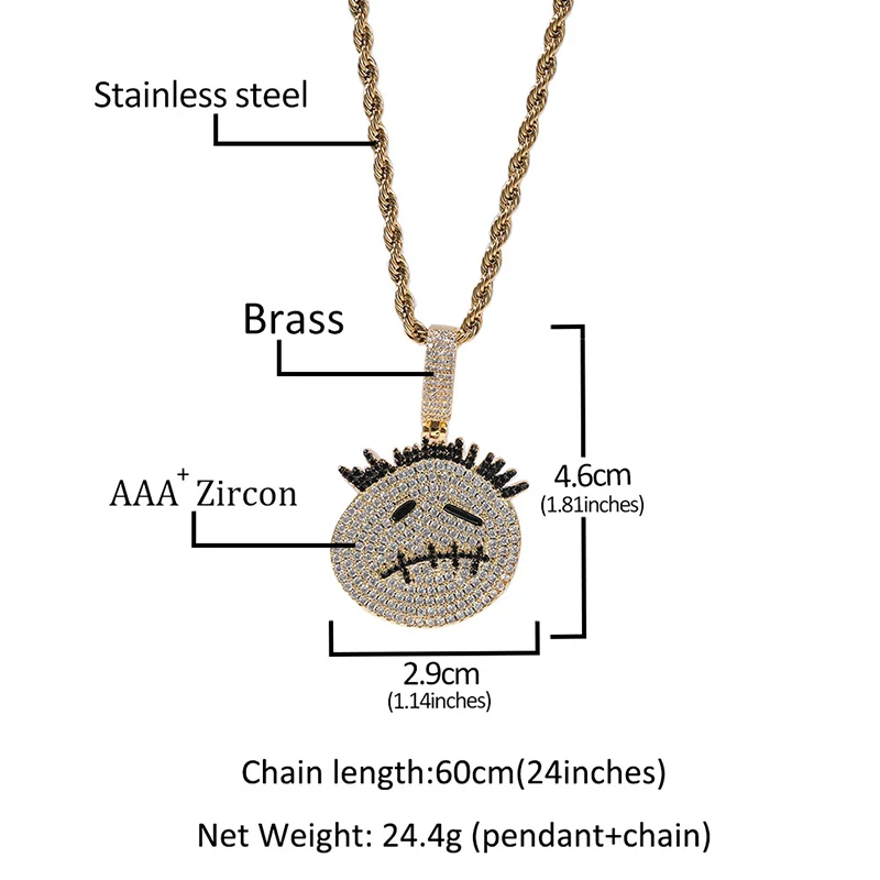 Hip Hop 3A+ CZ Stone Paved Bling Iced Out Small Thorn Head Cartoon Character Pendants Necklaces for Men Rapper Jewelry Gift