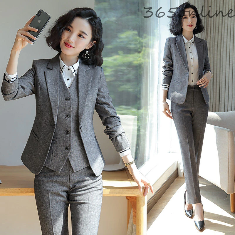 Formal Uniform Designs Pantsuits for Women Business Work Wear Suits Autumn Winter Professional Ladies Office Blazers Sets Gray