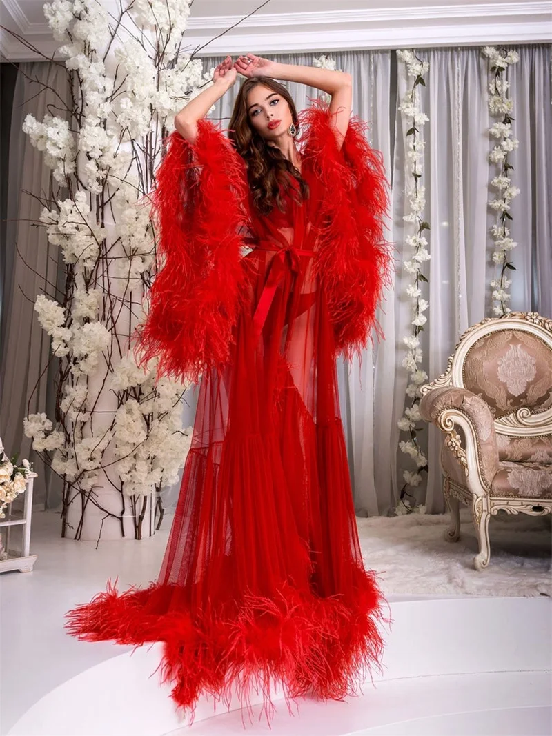 Ropa de dormir de lujo de plumas de tul rojo, vestido de maternidad para fiesta de embarazada, hecho a medida, fiesta de noche