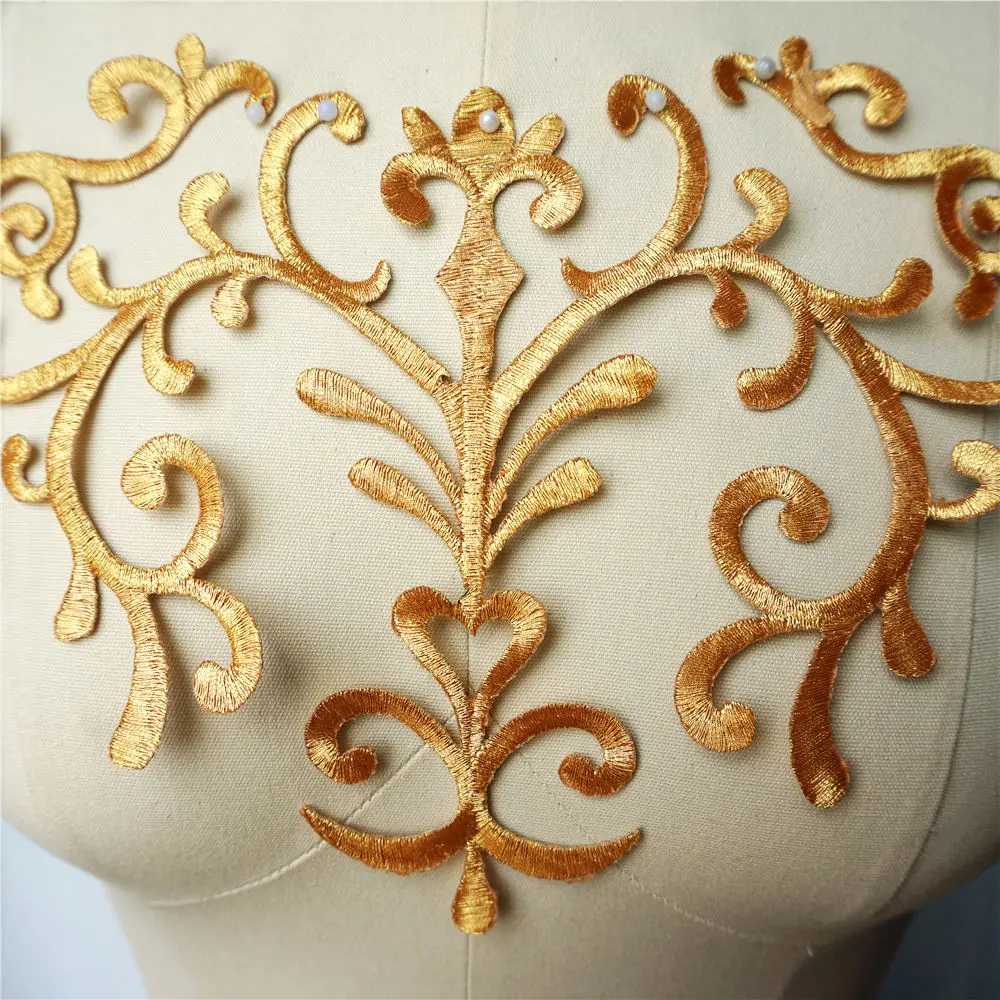 Gold Baroque Appliques Embroidered Gown Fabric Collar Sew Iron On Patches For Wedding Decoration Dress DIY