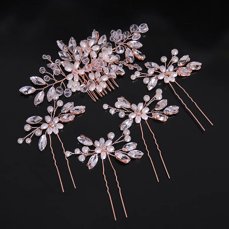 

Pearl Crystal Flower Hair Comb Hairpins Set Wedding Hair Accessories Rhinestone Head Piece For Women Ladies Bride Hair Jewelry