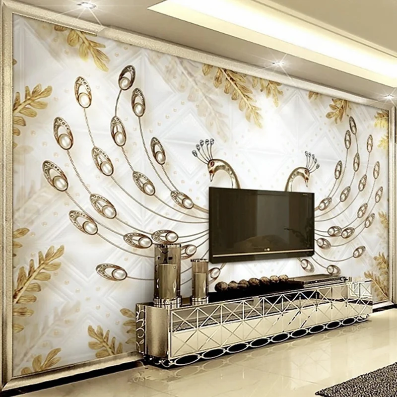 Custom Murals 3D Peacock Leaves Jewelry Photo Waterproof Canvas Wallpaper for Bedroom Living Room TV Sofa Background Wall Decor