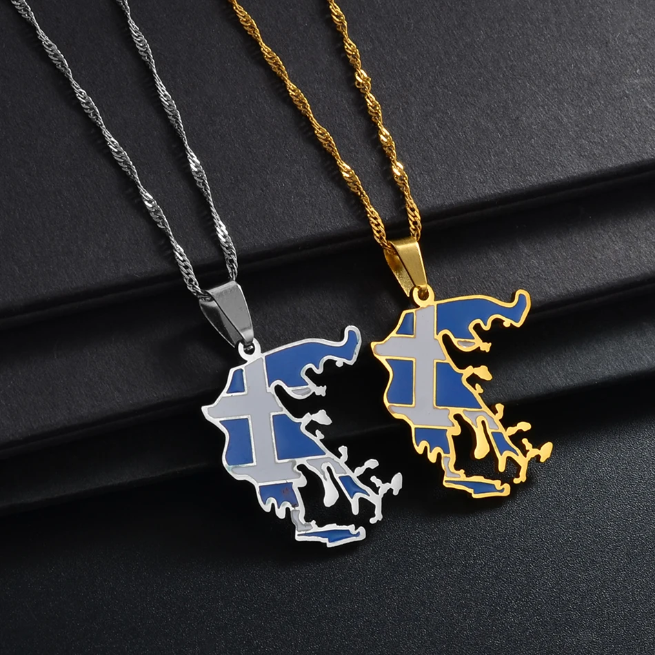 Anniyo Greece Map and Flag Pendants Necklaces Silver Color/Gold Color Greek Jewelry Patriotic  @241621