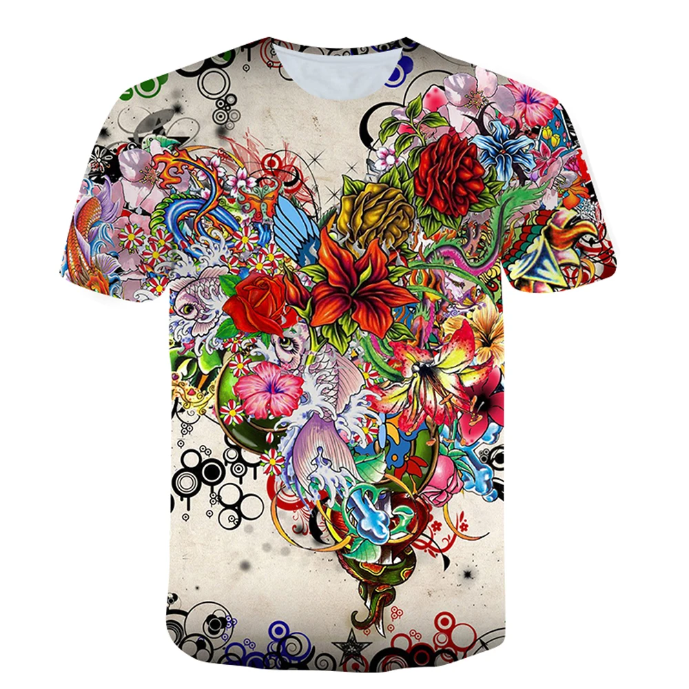 Summer New Fashion Men Flowers Butterflies graphic t shirts 3D Personality Trend Hip Hop Print T-shirt short sleeve t-shirts Top