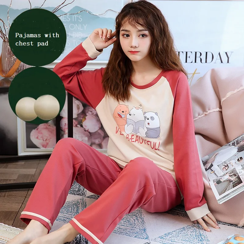 

Autumn Women Pajamas With Chest Pad Knitted Cotton Female Pajama Set Cartoon Print Long Sleeve Casual M-3XL Sleepwear Suit