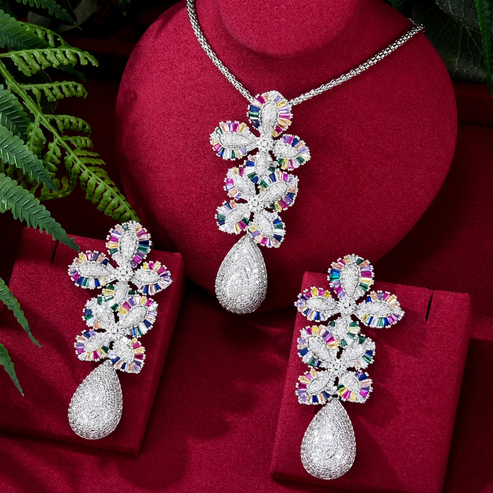 GODKI Special Offer Luxury Flower 2PCS Jewelry Sets For Women Engagement Luxury AAA Cubic Zircon Earring Necklace Jewelry Set