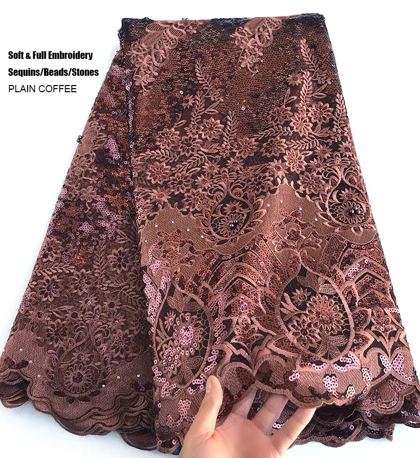 

Coffee 5 yards very Soft Shiny African French Lace Korea Fabric Top Class Nigerian Dubai Occasional Sewing Clothes Gown