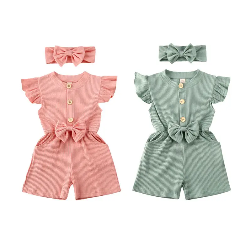 

Toddler Baby Girl Rompers Spring Summer Clothes Ruffle Bowknot Knit Short Sleeve Romper Jumpsuit Headband Outfit Set 1-5Years