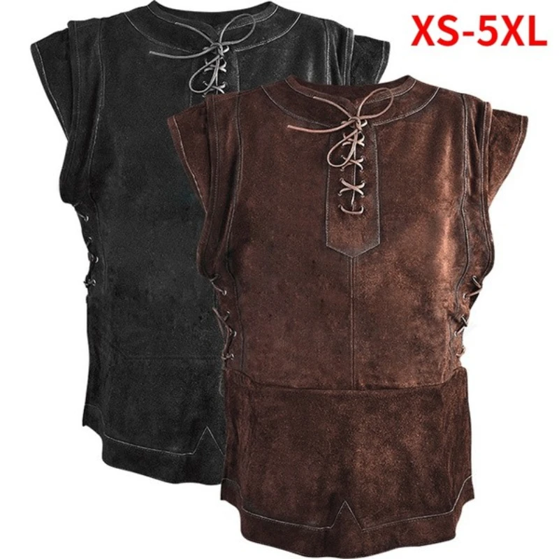 Men\'s Vintage Medieval Warrior Suede Jerkin Sleeveless Retro Lace Up Waistcoat Knight Cosplay Suede Leather Armor Pirate Tunic