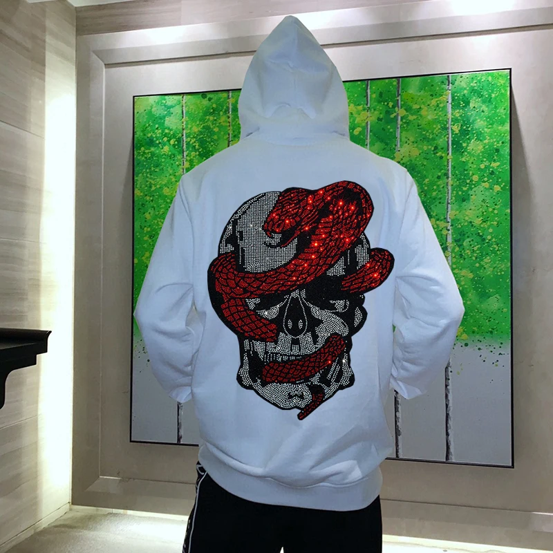 European American Youth Brand Trends Men's Hoodie Skull Rhinestone Pullover Male High Elastic Super Fabric Hoody