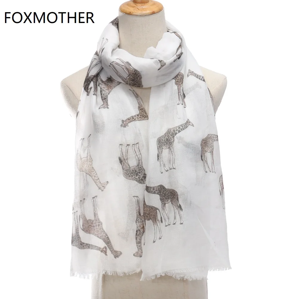 FOXMOTHER Dropshipping Foulard Femme New White Sky Blue Giraffe Pattern Scarf Long Shawl Animal Wraps Women Ladies Mother Gifts