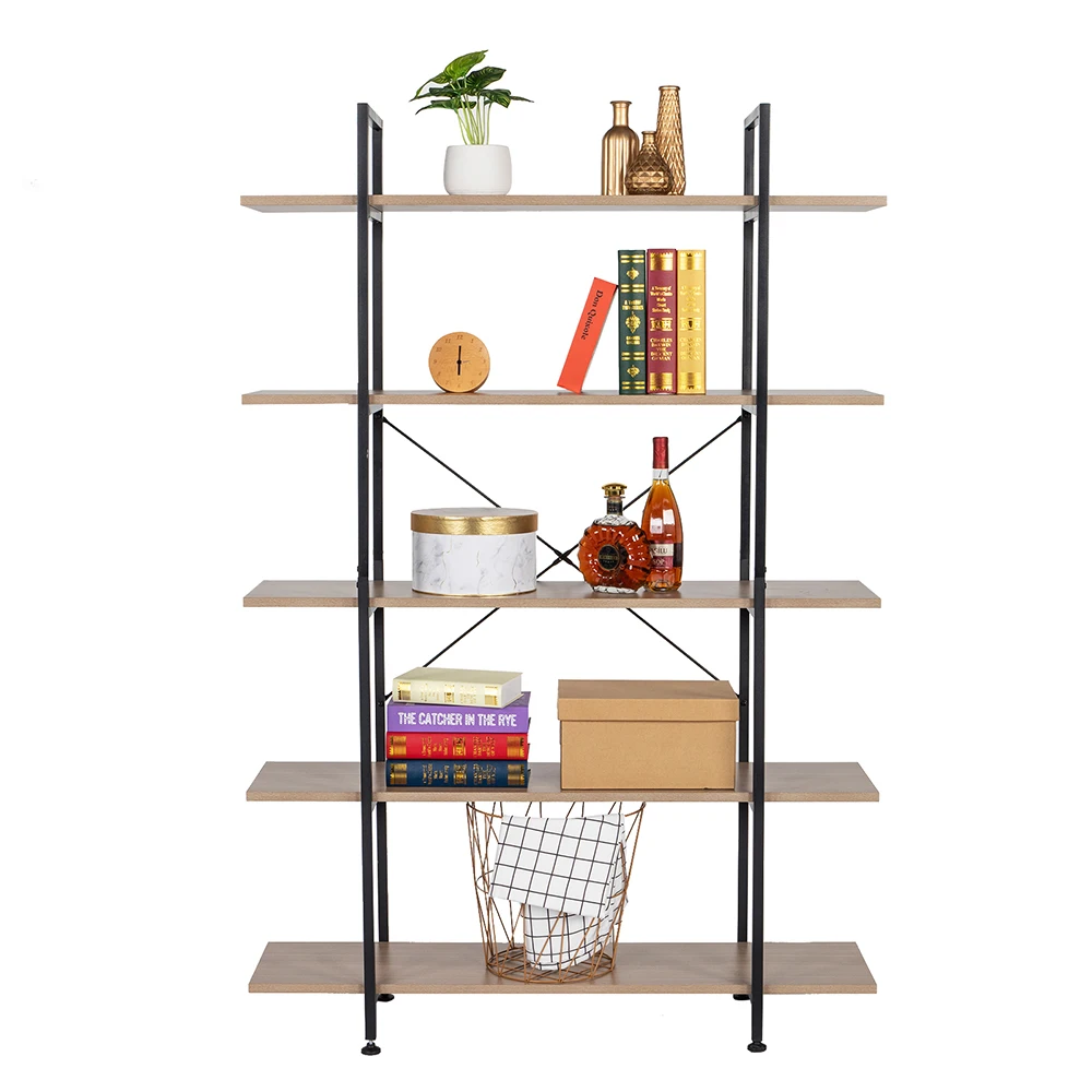 5-Tier Industrial Bookcase and Book Shelves Vintage Wood and Metal Bookshelves Gray Bookshelf US Warehouse