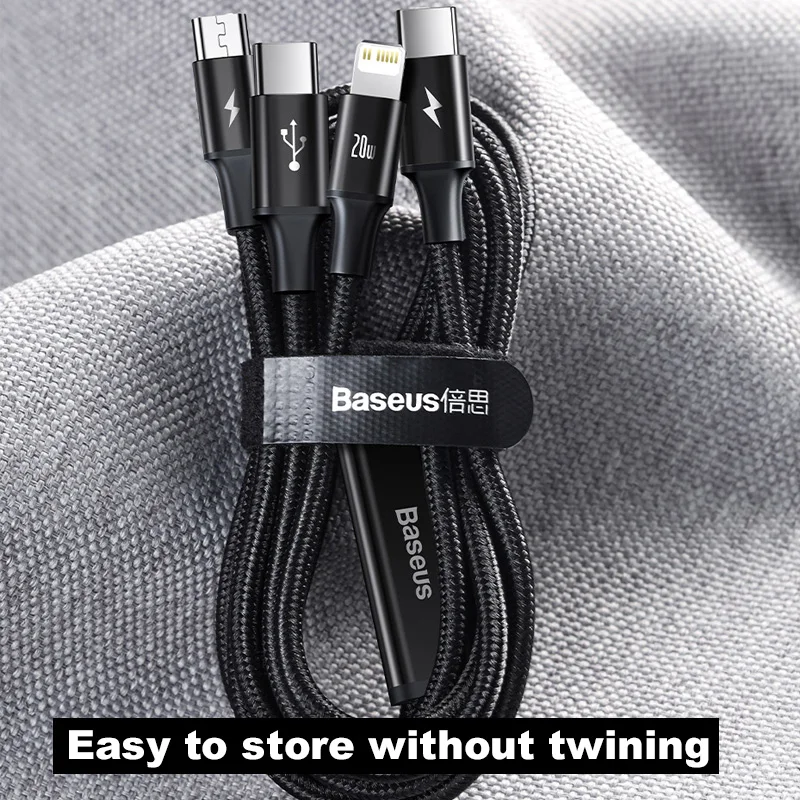 Baseus 마이크로 타입 C 케이블, 샤오미 리얼미 휴대폰 고속 충전기 코드, 3 인 1 USB C 케이블, PD 20W, 아이폰 X 12 11