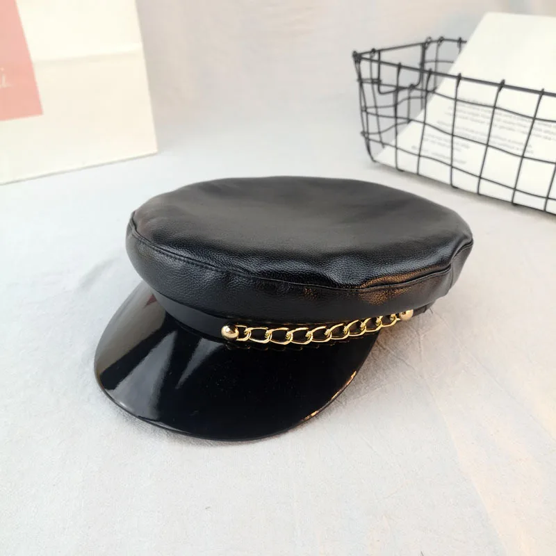 unisex Pu Punk style hat sexy cap Metal chain patent leather sexy cap for party black gothic style hat