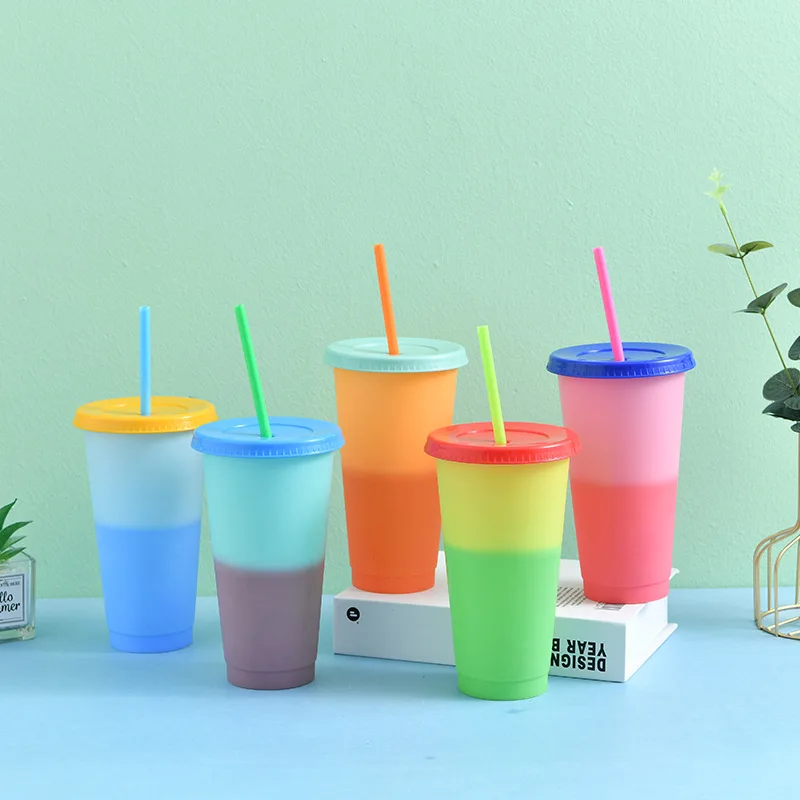 1pc Reusable Temperature Sensitive Plastic Color Changing Cup Eco-friendly Plastic Tumblers With Lids And Straws Water Cup