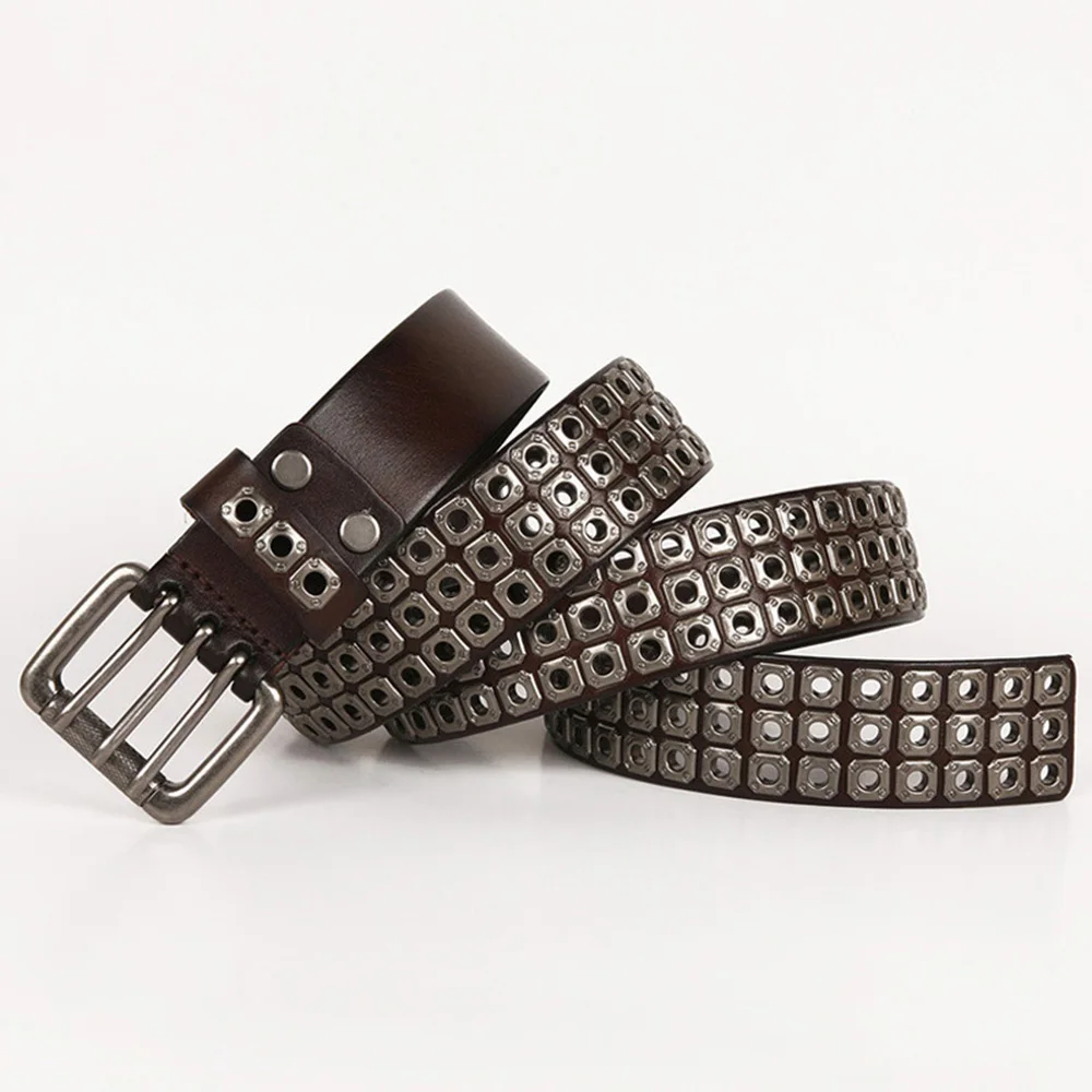 Unisex Personalized Three Pin Buckle Rivet Hip-hop Punk Metal Belt Quality Cow Skin Leather Belts for Men & Women SA020