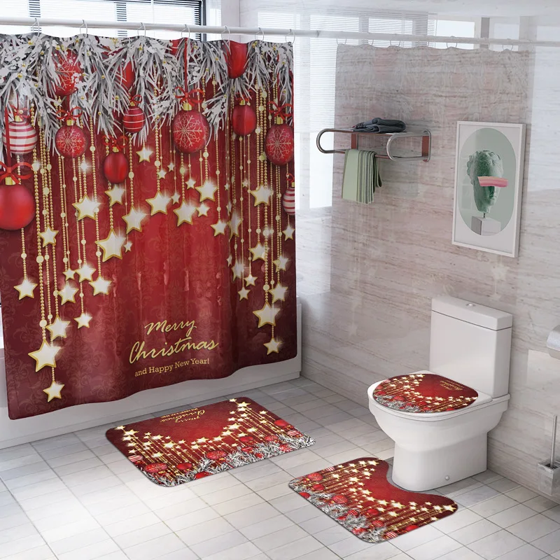 Christmas Toilet Mat with Shower Curtain, Santa Claus Carpet, Anti-slip Floor Mats Set, WC Cover Rugs, New Decorations