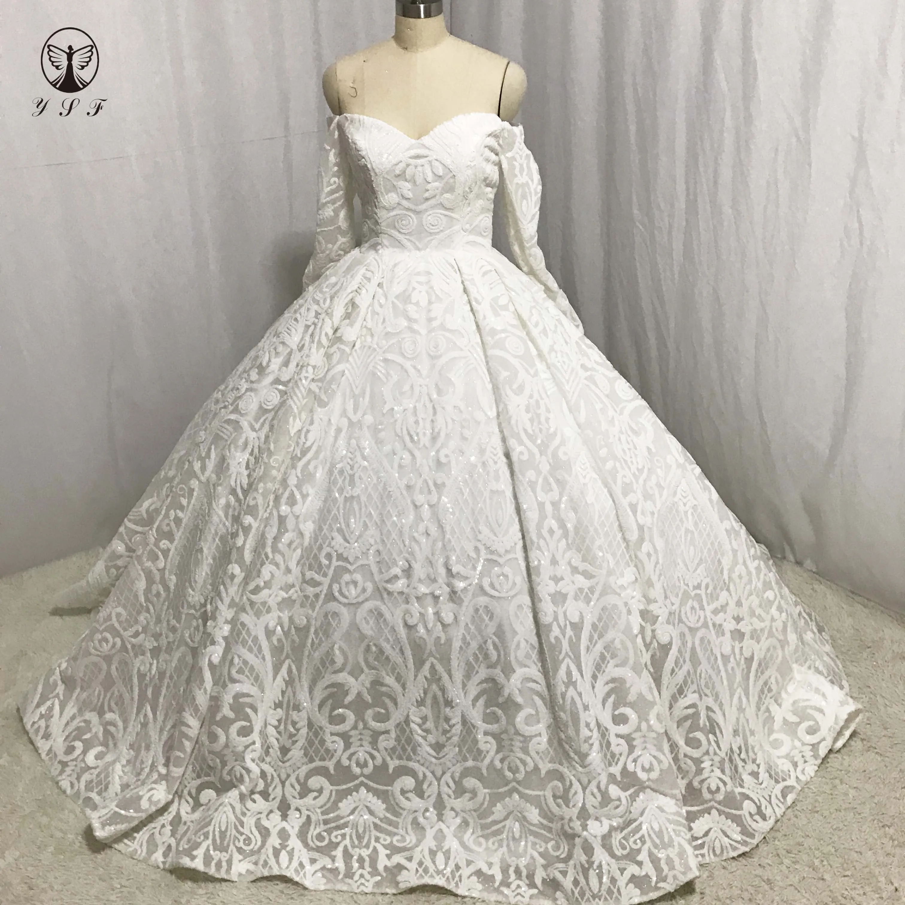 

Designer Vestidos De Novias Off the Shoulder Sweetheart Lace Long Sleeve Ball Gown Wedding Dress