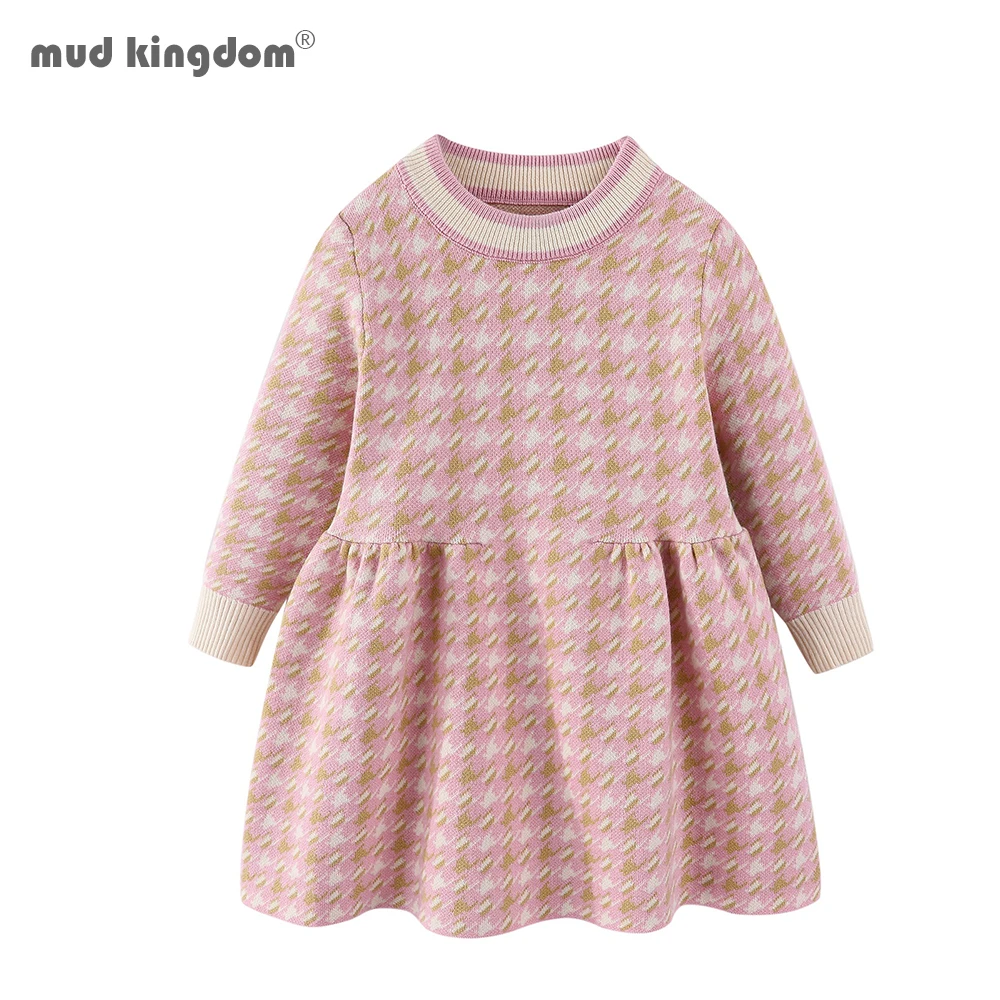 Mudkingdom-vestidos para niñas pequeñas, suéter de pata de gallo, vestido de punto, ropa suave y cálida para invierno y otoño