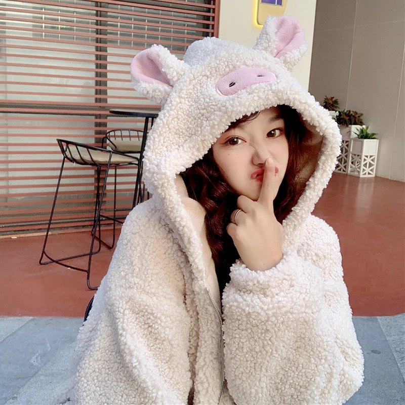 

Korean version of the college style soft girl cute cartoon animal ears hooded loose wild thick lamb wool coat female winter