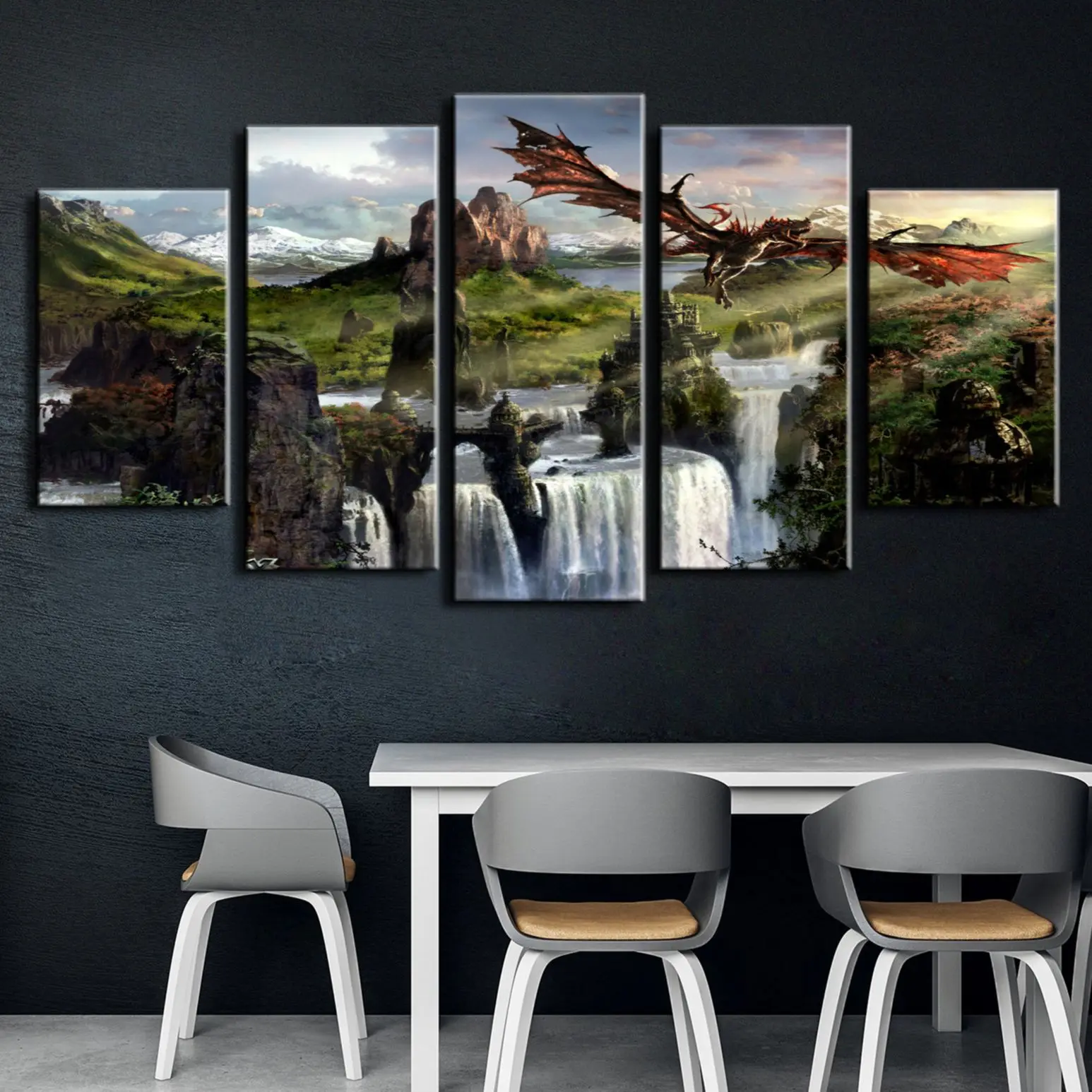 No Framed 5 Panel Mountain Flying Dragon Skyrim Games HD Wall Art Canvas Posters Pictures Paintings Home Decor for Living Room