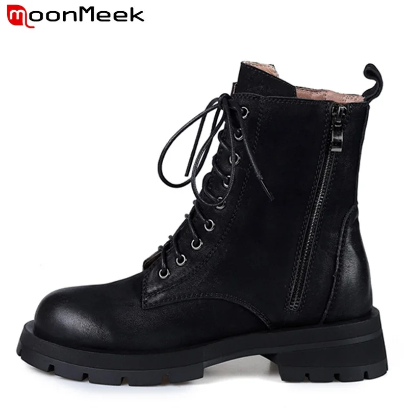 

MoonMeek 2022 New Arrival zipper lace up women winter boots platform ankle boots popular fashion with fur genuine leather boots