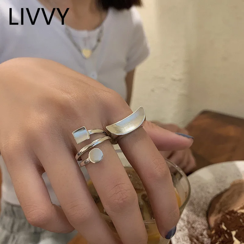 LIVVY  Silver Color Geometric Opening Ring For Women Men Retro Crescent Moon Wide Rings Jewelry 2024 Trendy Accessorize