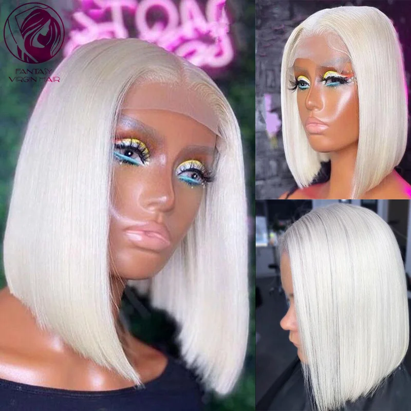 Short Bob Lace Front Wig 13x4 Straight Human Hair Laced Frontal Wigs for Women Snow White Blonde Glueless150%