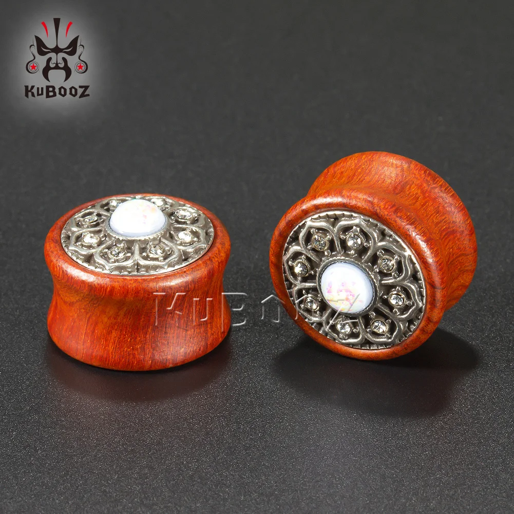 KUBOOZ Wood Ear Piercing Studs Plug Tunnel Opal Metal Gauges Stretcher Body Jewelry Expander Earring Fashion Gift Women Men 2PCS