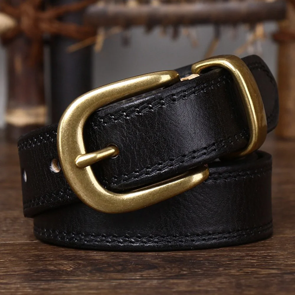 HIDUP Top Quality Cow Skin Leather Belts Retro Brass Pin Buckle Metal Genuine Belt Women Female Accessories 2.8cm Wide NWJ1098