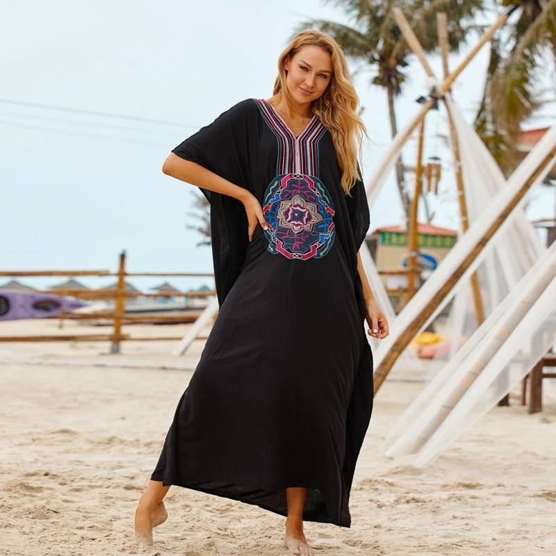 Chinese style Embroidery Dress Batwing short sleeve Loose caftan Tunic Egypt gown Comfy Vneck Floral Appliques Women Black Dress