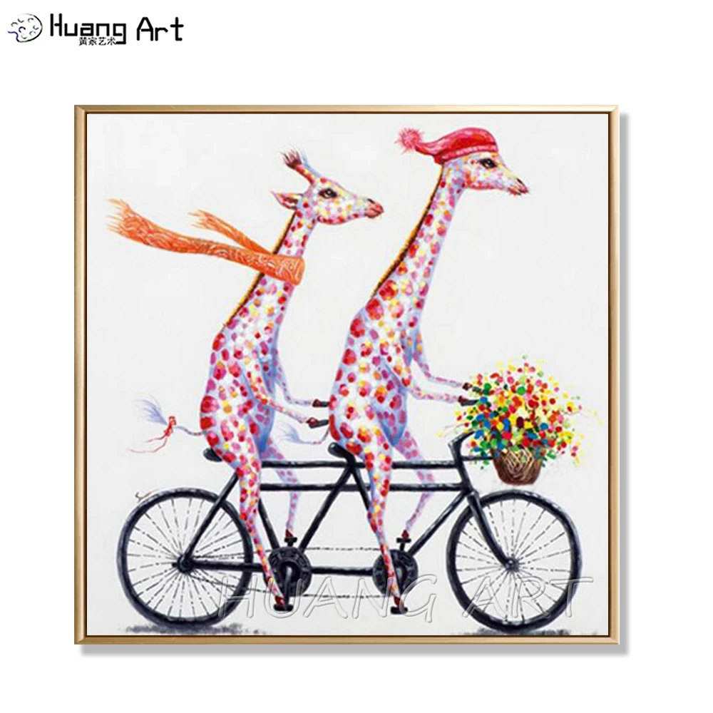 Modern Abstract Giraffe Animals Oil Painting for Room Decor Hand-painted 2 Giraffes Riding Bicycles Oil Painting on Canvas Art