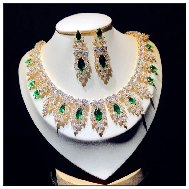 Fine Jewelry Sets For Women 925 Sterling Created Emerald Cubic Zirconia Bridal Necklaces Pendants Drop Earrings Vintage  Set