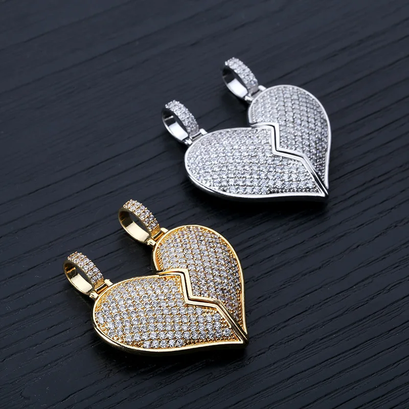 S925 Sterling Silver Hip Hop AAA CZ Stone Paved Bling Ice Out Solid BFF Heart Pendants Necklaces for Men Rapper Jewelry