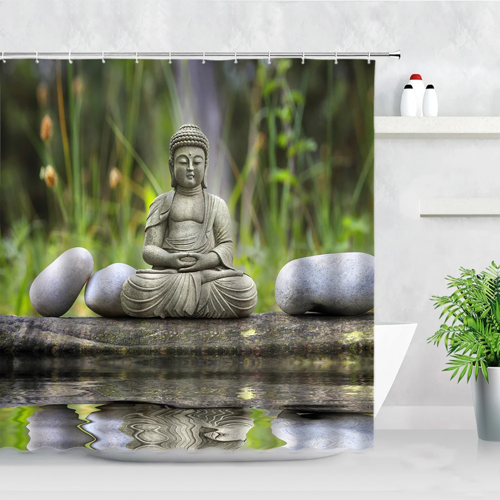 Zen Buddha Green Bamboo Shower Curtain Palm Trees Beach Ocean Flower Plant Nature Landscape Wall Hanging Bathroom Decor Curtains