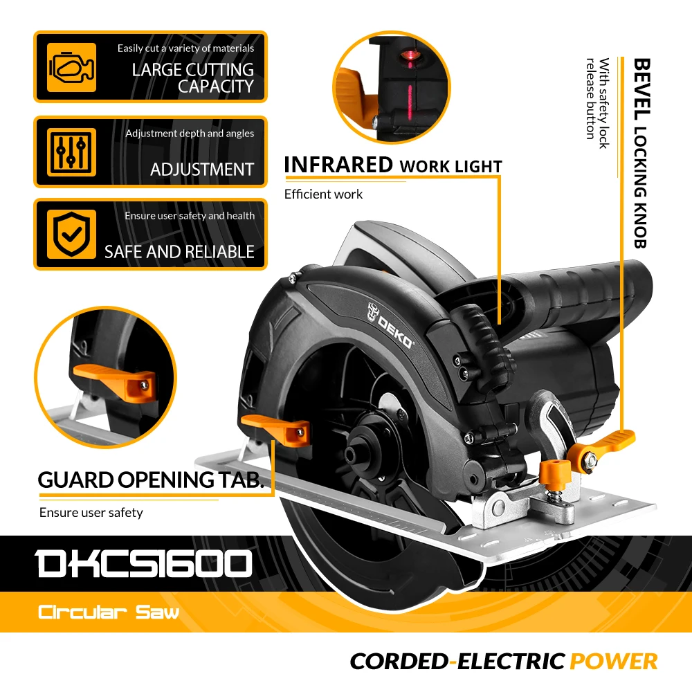 Deko DKCS1600 Cirkelzaag Power Tools Met Blade, Stof Passage, Extra Handgreep, high Power En Multifunctionele Snijmachine