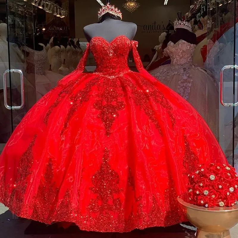 Foto reali abito Quinceanera in Organza rossa 2023 Applique con paillettes in rilievo Sweetheart Sweet 16 Dress abito da compleanno per ragazza messicana