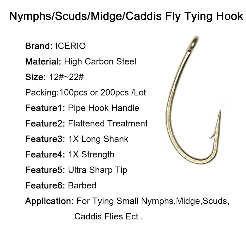 ICERIO 100PCS /200PCS High Carbon Steel Nymphs Scuds Midge Caddis Fly Tying Hook For Tying Trout Bass Perch Fishing Lure 12#~22#