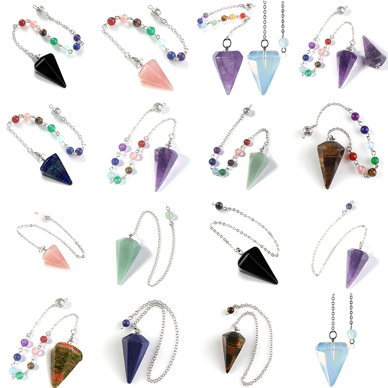 Small Size Stone Pendulum for Dowsing Amethysts Lapis Opal Crystal Cone Healing Chakra Chain Hexagonal Pendants Pendulo Jewelry