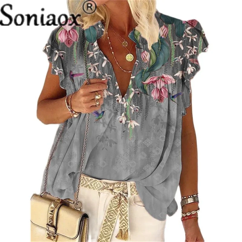 2021 Short Sleeve Womens Tops Beach Flare Sleeve Blouses Red Summer New V Neck Print Shirt Vacation Clothes For Woman