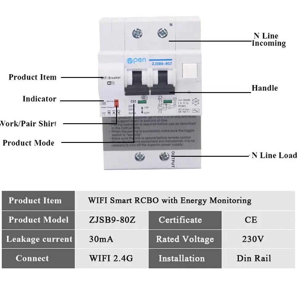 Imagem -04 - Disjuntor Rcbo com Monitoramento de Energia 2p Controle Remoto Wi-fi Compatível com Alexa e Google Home para Casa Inteligente