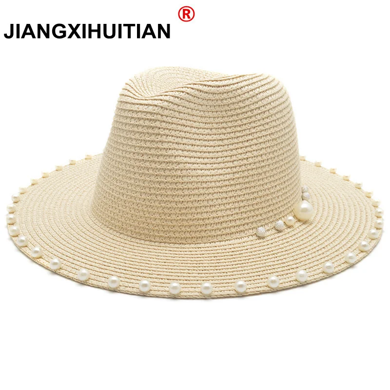 

New Summer Women Hats Sequin Visor Cap Brim Jazz Travel England Pearl Beach Caps Straw Hat Women Casual Panama Sun Hat