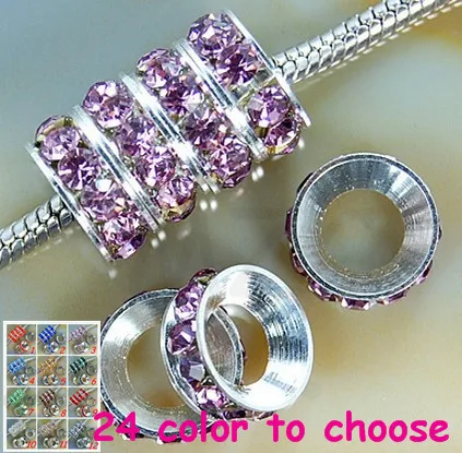 

cbb42 10mm Light Purple Rhinestone Rondelle Spacer Beads,Rhodium Plated Big Hole European Beads