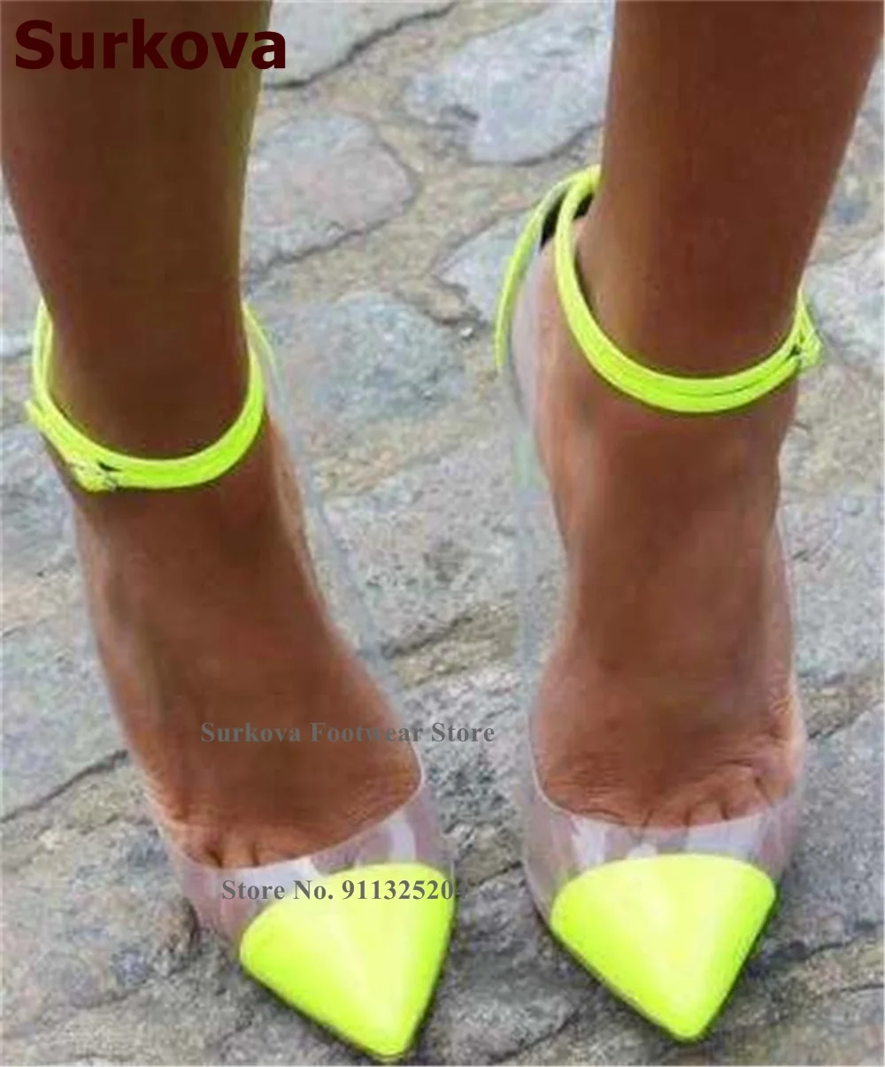 Surkova Clear PVC Patchwork Bridal Shoes Neon Yellow Patent Leather Stiletto Heel Dress Pumps Ankle Buckle Strap Footwear Size45