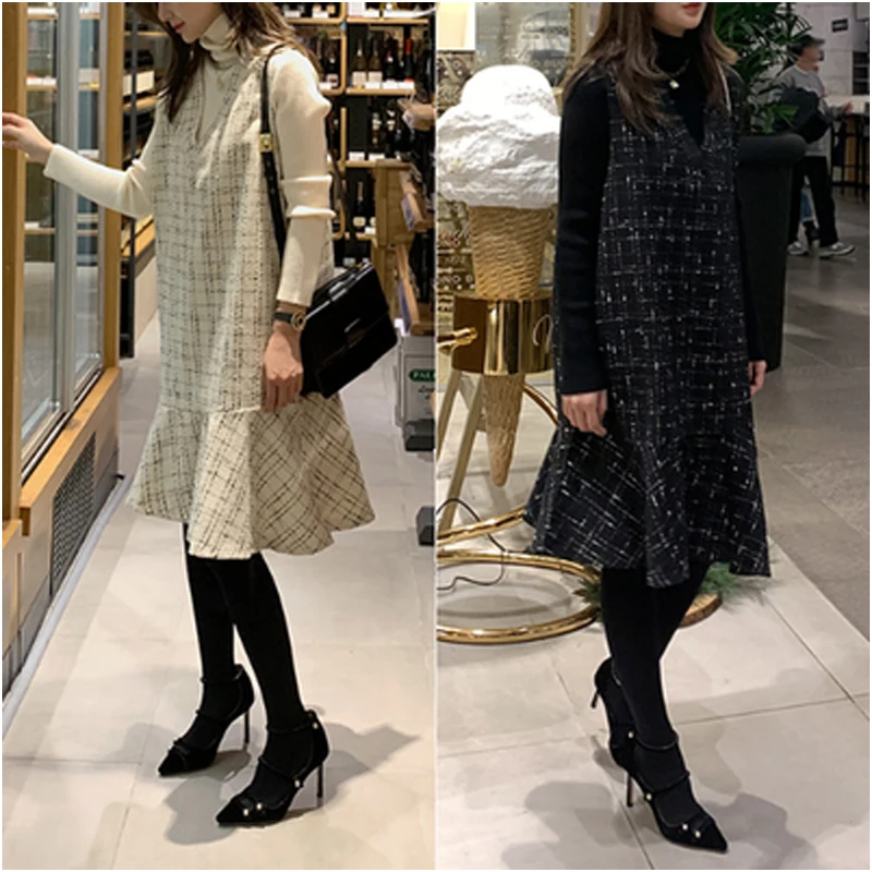 New 2023 Spring Autumn Oversized Dress Women Dress V-Neck Sleeveless Ladies Vestidos Vest Dress Fake Wool&Blends Robe KE500