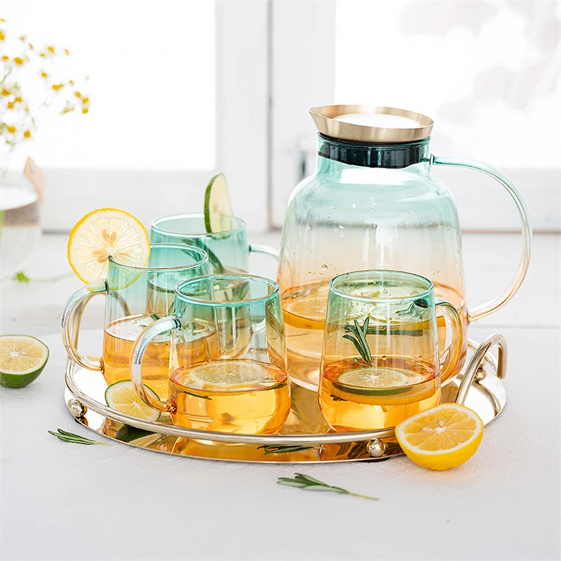 Gradient Color Glass Water Pitcher Cup Set Stainless Steel Tray Home Kitchen Juice Jar Heat Resistant Thick Glass Wine Jugs Cups